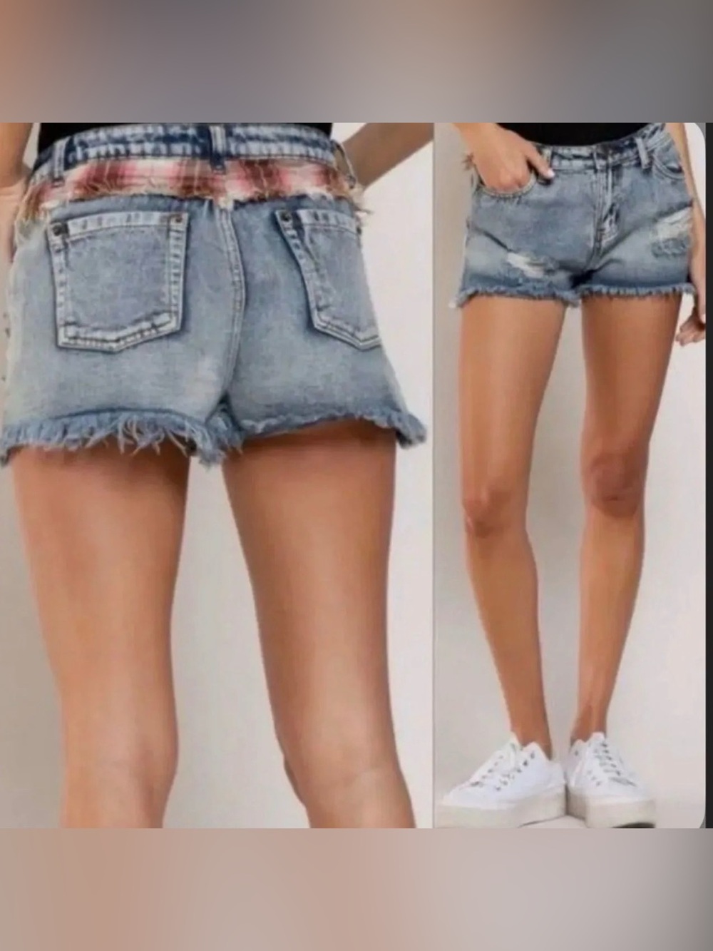 Small POL Plaid distressed denim shorts